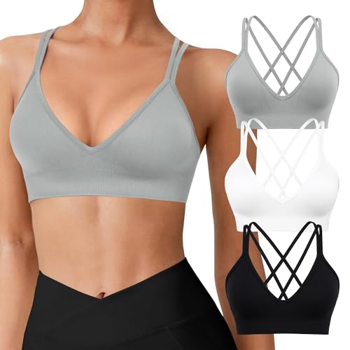 VEQKING VEQING 3 Pack Women's Seamless Sports Bra - Deep V Neck Wirefree Yoga Bras with Removable Pads, Crisscross Strappy Back Comfortable Low Impact Workout Bralette for Small Chests, Daily Wear - Image 1