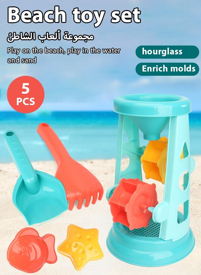 5pcs beach toy sets for children's beach toys,Comes with 1 hourglass, 2 beach shaped toys, and 2 shovel sets,,playing in water, playing with sand, digging tools, shovels, or children's sandcastle building kits for girls and boys over 3 years old - Image 1