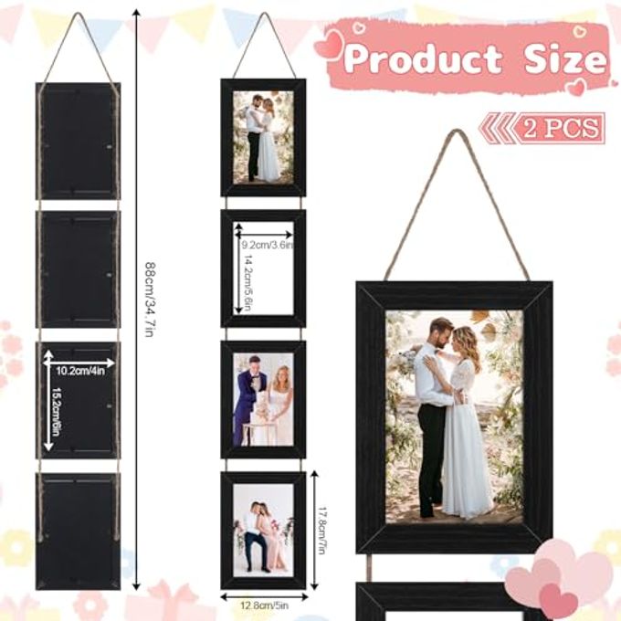 Xosjska 4x6 Black Hanging Collage Picture Frames Set of 2, 8 Openings Collage Photo Frames Rustic Wooden Real Glass Vertical Hanging - Image 2