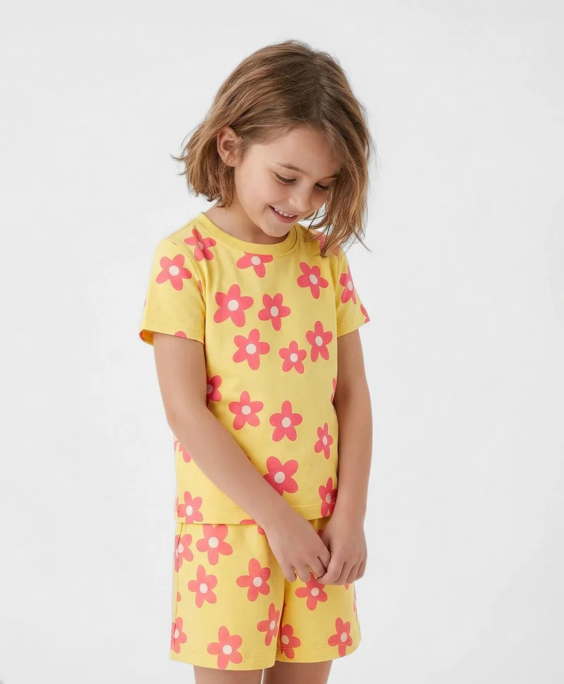 Pine Kids Pine Kids Single Jersey Knit Half Sleeves Co-ords Shorts Night Suit with Floral Print - Lemon