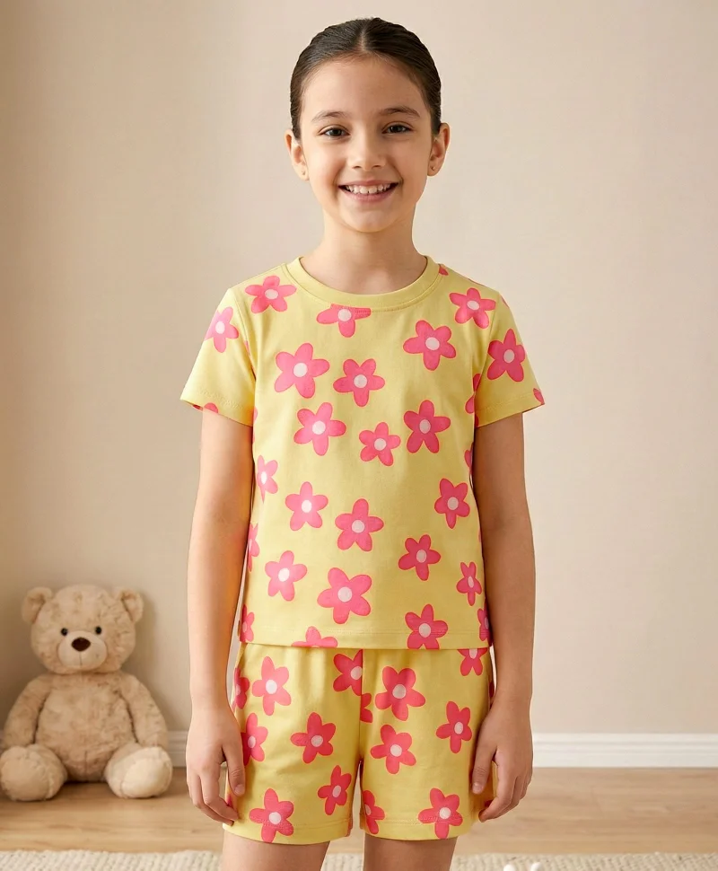 Pine Kids Pine Kids Single Jersey Knit Half Sleeves Co-ords Shorts Night Suit with Floral Print - Lemon