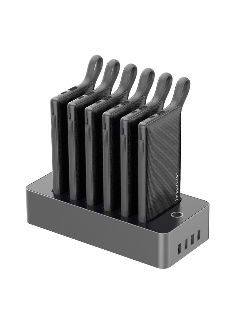 Powerology - 6in1 10000mAh Power Bank Station 2.1A, 6 Power bank with Built-in Lightning/Micro USB/Type -C Connectors, Fast Charging, Safe and Slim Design - Black - Image 1