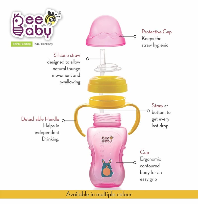 Beebaby كوب بيبي بي No-Spill Flexi Straw للأطفال من عمر 1 سنة وما فوق، زجاجة شرب للأطفال خالية من BPA بنسبة 100% مع مقبض قابل للفصل، كوب شرب بساق مرنة من السيليكون للأطفال/الرضع، 240 مل / 8 أونصات (وردي، 12 شهر وما فوق) - Image 4