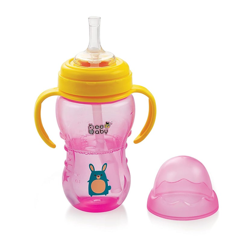 Beebaby كوب بيبي بي No-Spill Flexi Straw للأطفال من عمر 1 سنة وما فوق، زجاجة شرب للأطفال خالية من BPA بنسبة 100% مع مقبض قابل للفصل، كوب شرب بساق مرنة من السيليكون للأطفال/الرضع، 240 مل / 8 أونصات (وردي، 12 شهر وما فوق) - Image 1