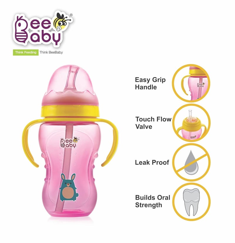 Beebaby كوب بيبي بي No-Spill Flexi Straw للأطفال من عمر 1 سنة وما فوق، زجاجة شرب للأطفال خالية من BPA بنسبة 100% مع مقبض قابل للفصل، كوب شرب بساق مرنة من السيليكون للأطفال/الرضع، 240 مل / 8 أونصات (وردي، 12 شهر وما فوق) - Image 2