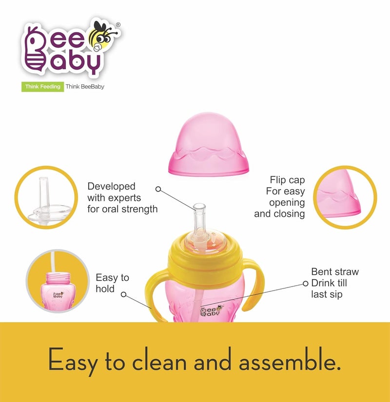 Beebaby كوب بيبي بي No-Spill Flexi Straw للأطفال من عمر 1 سنة وما فوق، زجاجة شرب للأطفال خالية من BPA بنسبة 100% مع مقبض قابل للفصل، كوب شرب بساق مرنة من السيليكون للأطفال/الرضع، 240 مل / 8 أونصات (وردي، 12 شهر وما فوق) - Image 3