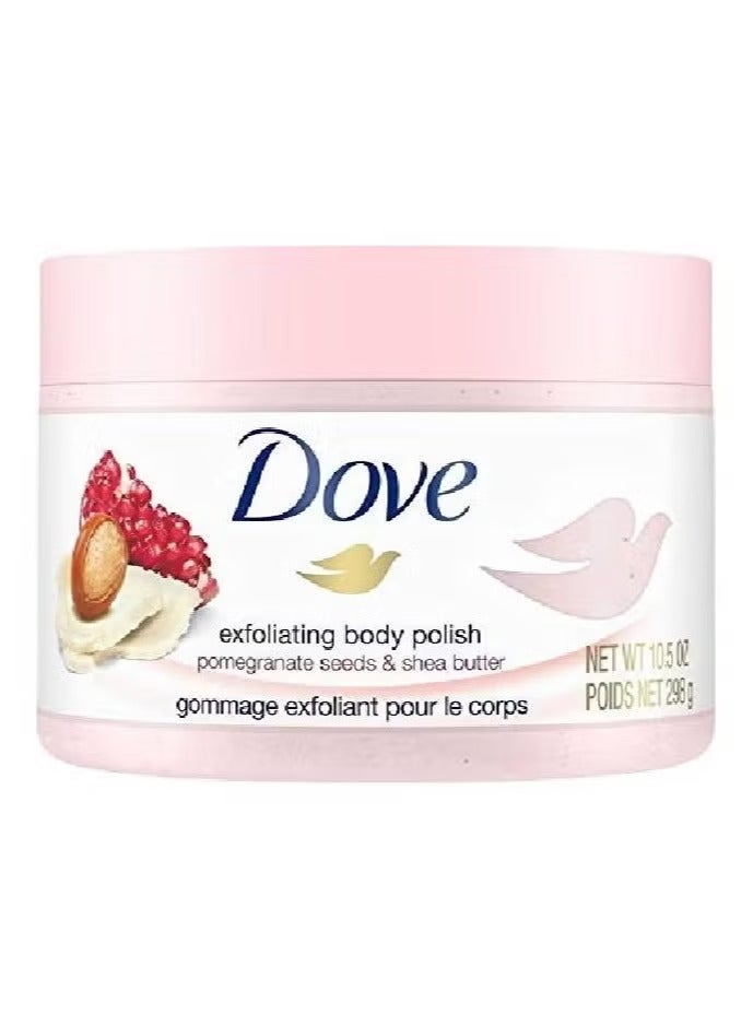 Dove Body Polish Exfoliating Scrub, Moisturizing Shea Butter And Pomegranate Seeds ; Nourishes & Conditions Soft Skin ; Sulphate Free, 298Gm