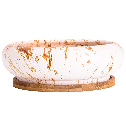ARTKETTY Succulent Pots - 7.3 Inch Large Bonsai Pots with Drainage Tray, Ceramic Pots for Indoor Plants, Shallow Succulent Planters Marble Cactus Flower Plant Container Bowl - Image 2