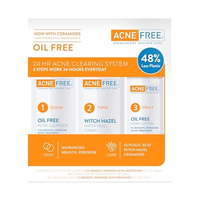 AcneFree Acne Free 3 Step 24 Hour Acne Treatment Kit - Clearing System W Oil Free Acne Cleanser, Witch Hazel Toner, & Oil Free Acne Lotion - Acne Solution W/ Benzoyl Peroxide for Teens and Adults - Original - Image 1