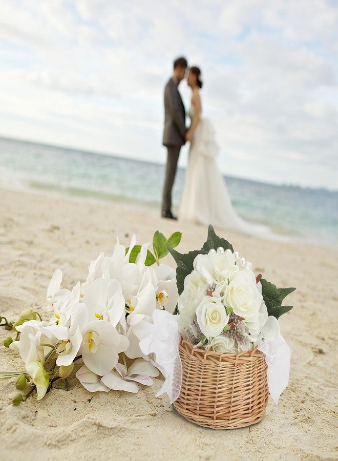 Fofetbfo سلة زهور من الخيزران مكونة من قطعتين، سلة زهور زفاف مزينة بمقبض من اللؤلؤ وقوس، سلة زهور خيالية، سلة عيد الفصح منسوجة يدويًا، سلة خوص لفتاة الزهور في حفل الزفاف (بني) - Image 5