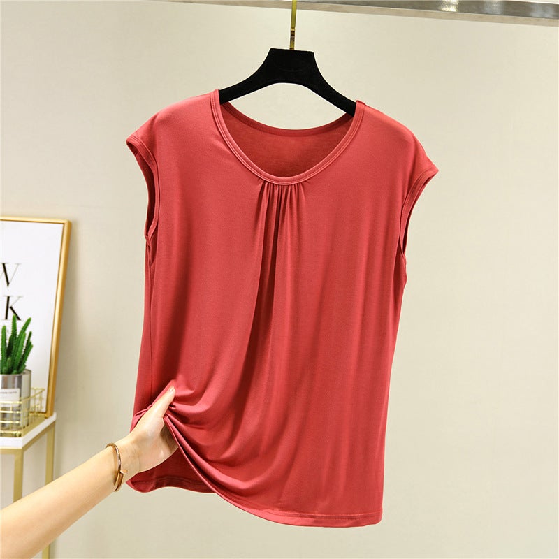 Sleeveless T-Shirt Women'S Summer Outer Wear Loose Plus Size Bottoming Shirt Inner Wear Slimming Vest Round Neck Short Sleeve Top - Image 1