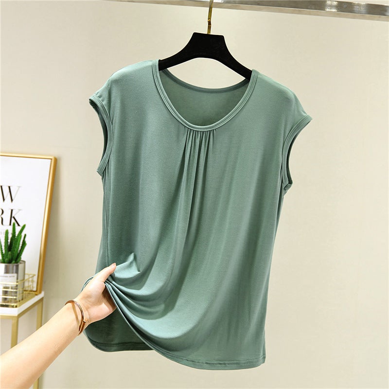 Sleeveless T-Shirt Women'S Summer Outer Wear Loose Plus Size Bottoming Shirt Inner Wear Slimming Vest Round Neck Short Sleeve Top - Image 2