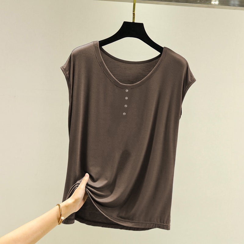 Sleeveless T-Shirt Women'S Summer Outer Wear Loose Plus Size Bottoming Shirt Inner Wear Slimming Vest Round Neck Short Sleeve Top - Image 4