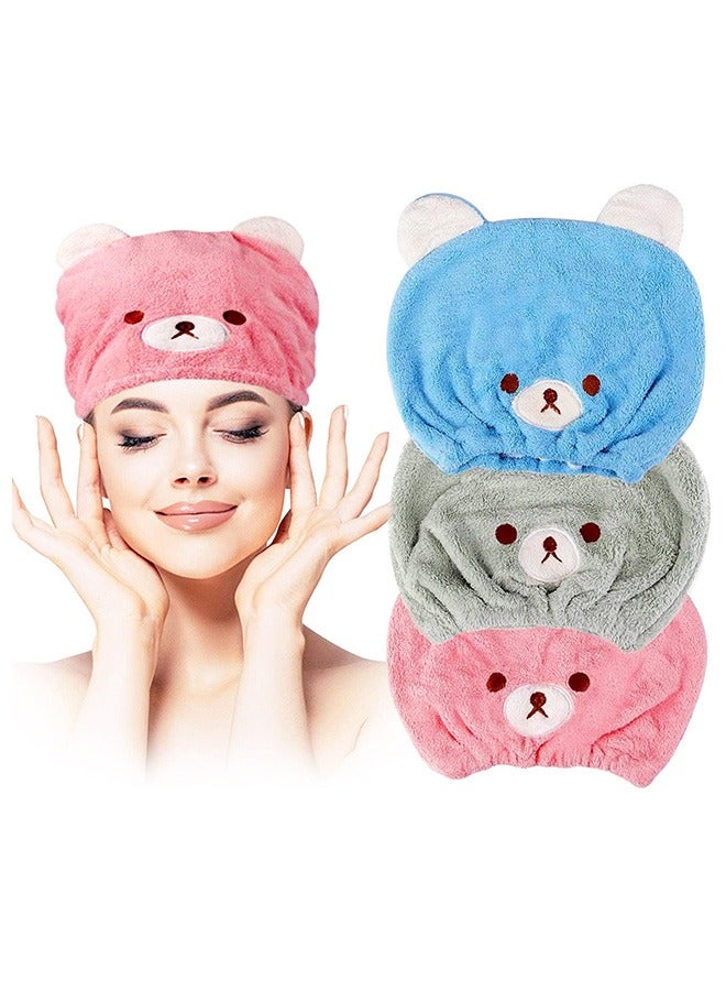 3 قطع مناشف تجفيف الشعر، ناعم ممتص للأطفال أغطية الشعر الجافة، نموذج الدب الأطفال أغلفة مناشف الشعر، أغلفة مناشف الرأس للأطفال (وردي أزرق رمادي) - Image 1
