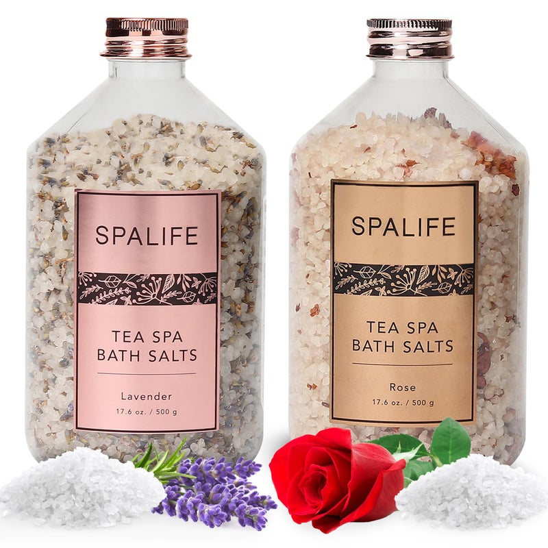 SpaLife Tea Spa PetalInfused Effervescent Mineral Bath Salts  Lavender  Rose 2Pack 176 oz ea for Relaxing Aromatherapy and Soothing Soaks