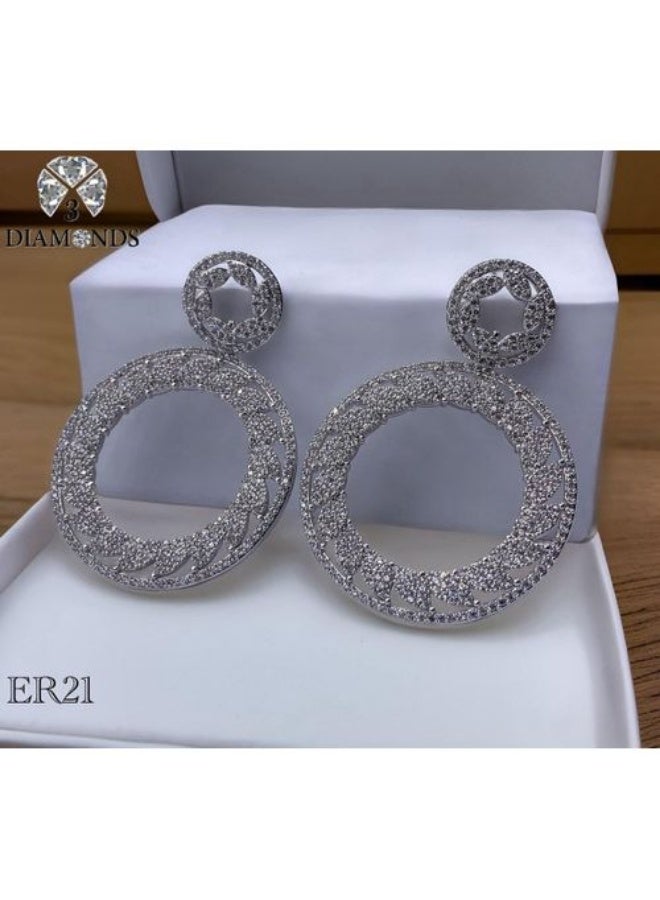 3Diamonds Platinum & Rhodium Plated Circle Drop Earrings, Cubic Zirconia - Image 2
