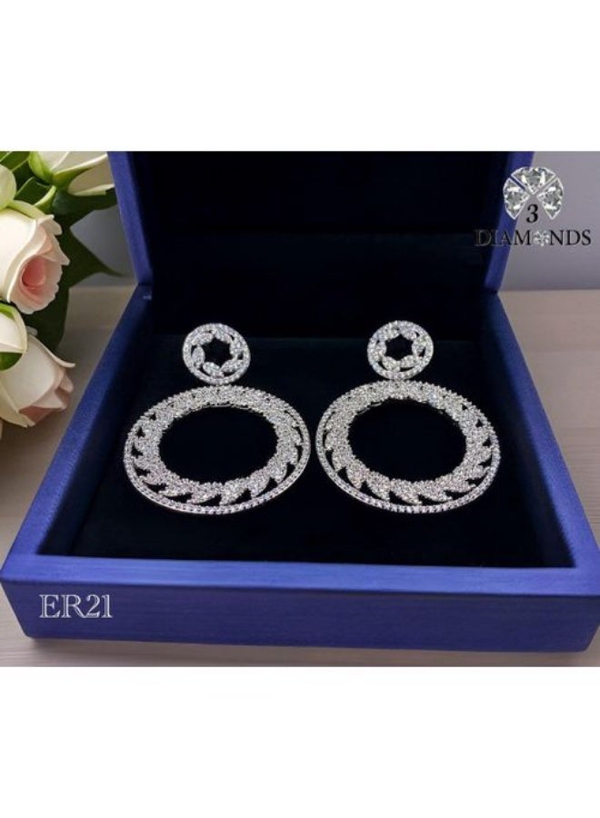 3Diamonds Platinum & Rhodium Plated Circle Drop Earrings, Cubic Zirconia - Image 1