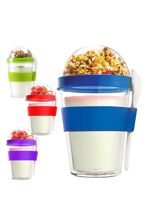 Overnight Oats Jar, 4Pcs Double Wall Parfait Cups with Lids & Spoon, 450ml/15oz Each Cup, /Yogurt/Breakfast On the Go Reusable Plastic Containers, Milk Jar/Oatmeal Breakfast/Smoothie Cups