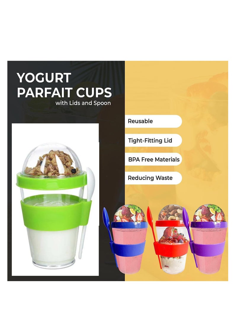 Overnight Oats Jar, 4Pcs Double Wall Parfait Cups with Lids & Spoon, 450ml/15oz Each Cup, /Yogurt/Breakfast On the Go Reusable Plastic Containers, Milk Jar/Oatmeal Breakfast/Smoothie Cups