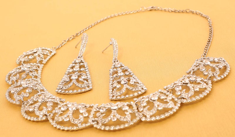 Touchstone crystal Indian jewelry set for women silver plated grand wedding necklace pageant prom rhinestone crystal fancy costume evening wear bridal necklaces earring sets - Image 4