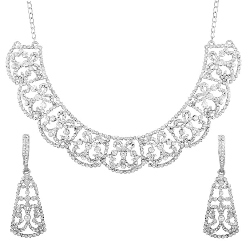 Touchstone crystal Indian jewelry set for women silver plated grand wedding necklace pageant prom rhinestone crystal fancy costume evening wear bridal necklaces earring sets - Image 1