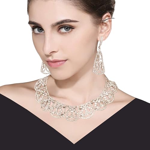 Touchstone crystal Indian jewelry set for women silver plated grand wedding necklace pageant prom rhinestone crystal fancy costume evening wear bridal necklaces earring sets - Image 2