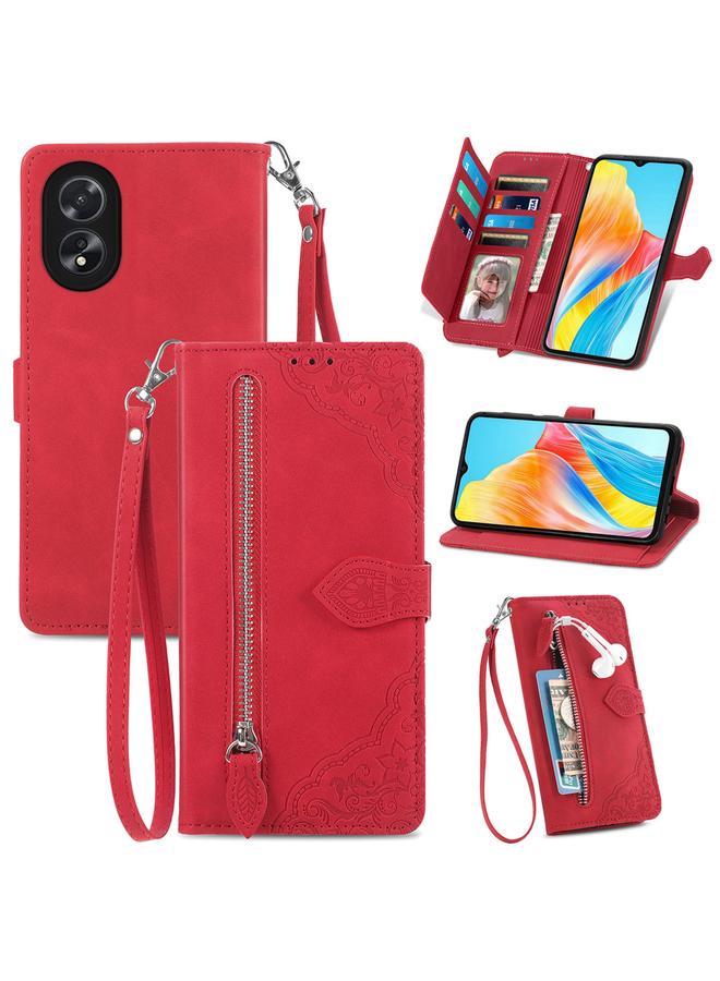 اس-توب جراب هاتف OPPO A38 من الجلد بسحاب منقوش عليه زهور - Image 1