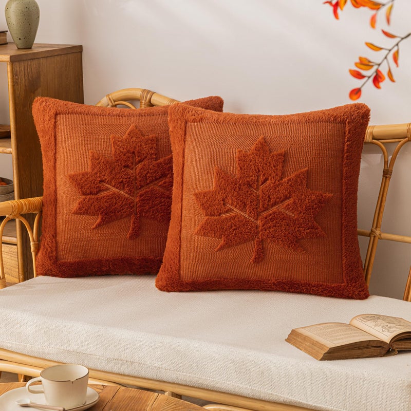 COSIBONO Maple Leaf Fall Pillow Covers 18x18 Set of 2 Caramel Embroidered Faux Fur Throw Pillow Covers Soft Fluffy Decorative Cushion Cases for Couch Thanksgiving Autumn Farmhouse Home Dcor - Image 2
