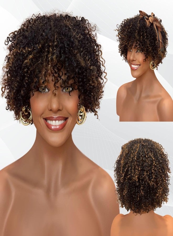 MPS Kinky Curly Wig with Bangs Blonde Highlight Wigs 3C-4A Coily Afro Curl Human hair Wig Short Human Hair for Black Women Ready to Wear - Image 1