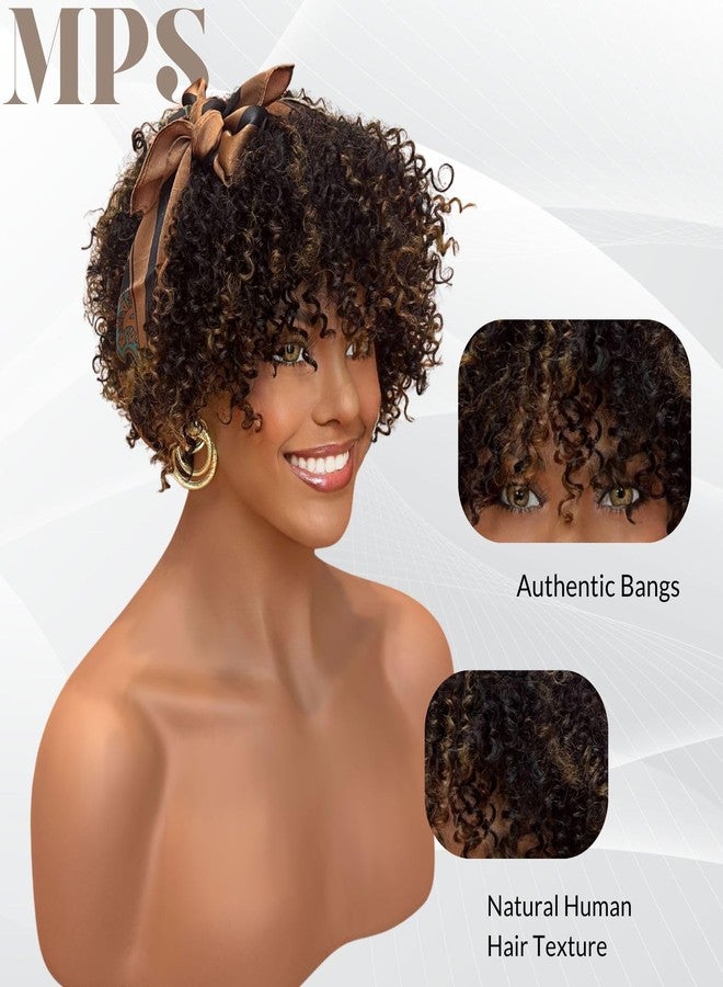 MPS Kinky Curly Wig with Bangs Blonde Highlight Wigs 3C-4A Coily Afro Curl Human hair Wig Short Human Hair for Black Women Ready to Wear - Image 4