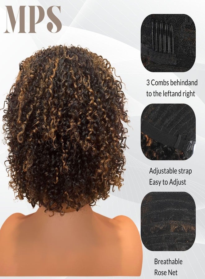 MPS Kinky Curly Wig with Bangs Blonde Highlight Wigs 3C-4A Coily Afro Curl Human hair Wig Short Human Hair for Black Women Ready to Wear - Image 5