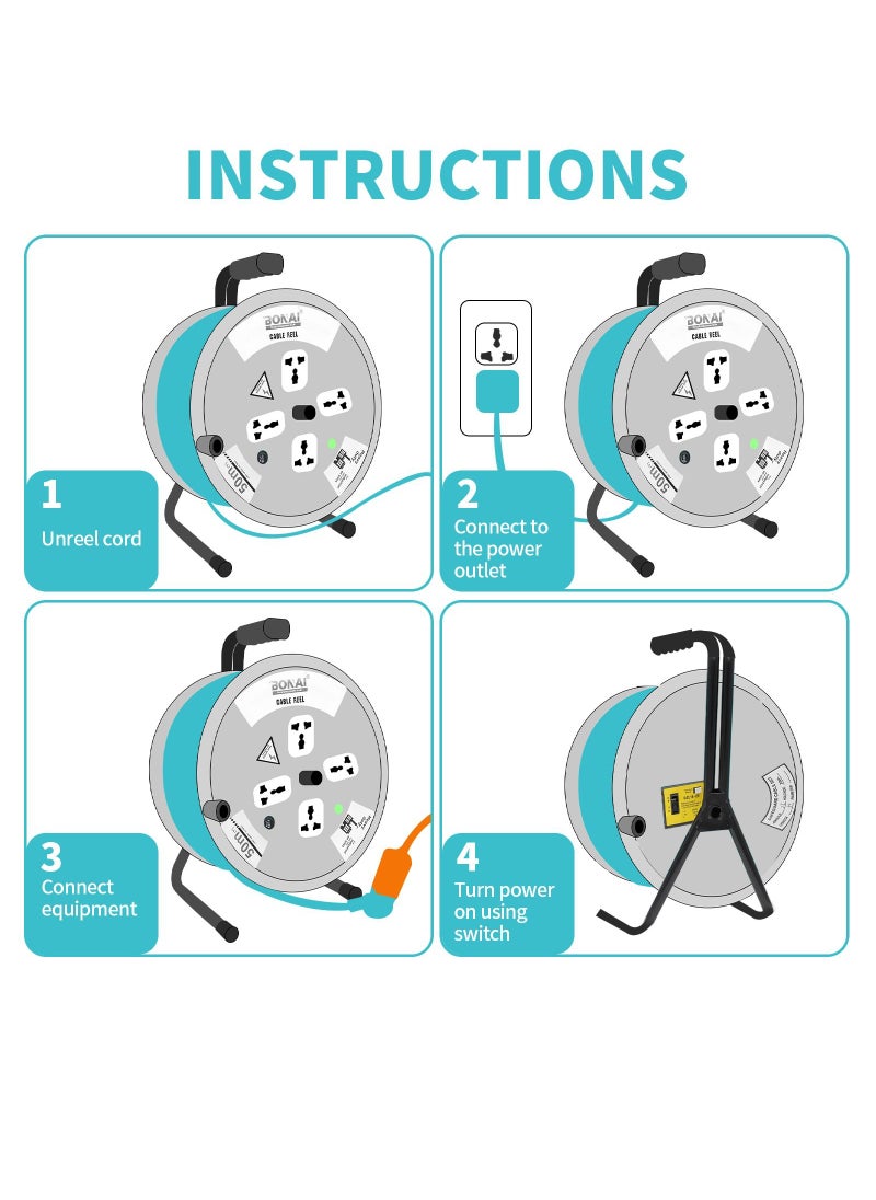 BONAI 50-Meter Extension Reel with 4 Sockets and Fuse Protection: Enhance Indoor Power Distribution Naturally