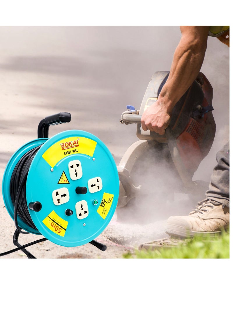 BONAI 50-Meter Extension Reel with 4 Sockets and Fuse Protection: Enhance Indoor Power Distribution Naturally
