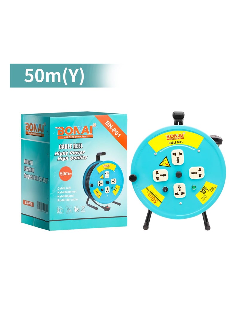 BONAI 50-Meter Extension Reel with 4 Sockets and Fuse Protection: Enhance Indoor Power Distribution Naturally