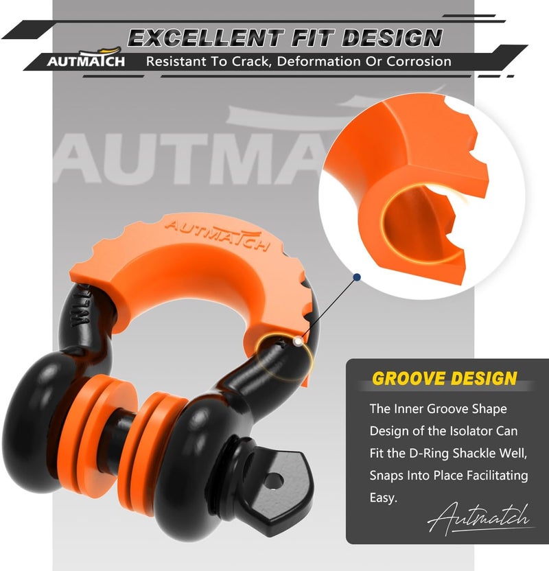 AUTMATCH D Ring Shackle Isolators Washers Kit - 2 Rubber Shackle Isolators with 8 Washers, Fits 3/4 Shackles Protect and Prevents Rattling, Shackle Cover Orange - Image 4