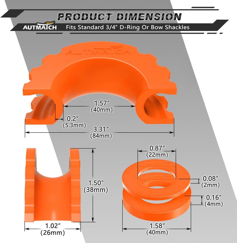 AUTMATCH D Ring Shackle Isolators Washers Kit - 2 Rubber Shackle Isolators with 8 Washers, Fits 3/4 Shackles Protect and Prevents Rattling, Shackle Cover Orange - Image 3