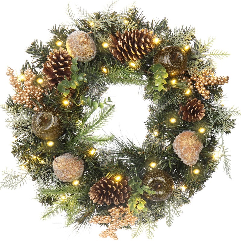 Briful Christmas Wreath 20 Christmas Front Door Wreath Ornament with LED Lights Pinecone Berries Artificial Pine Garland for Party Table Fireplaces Porch Walls New Years Halloween Home Decor