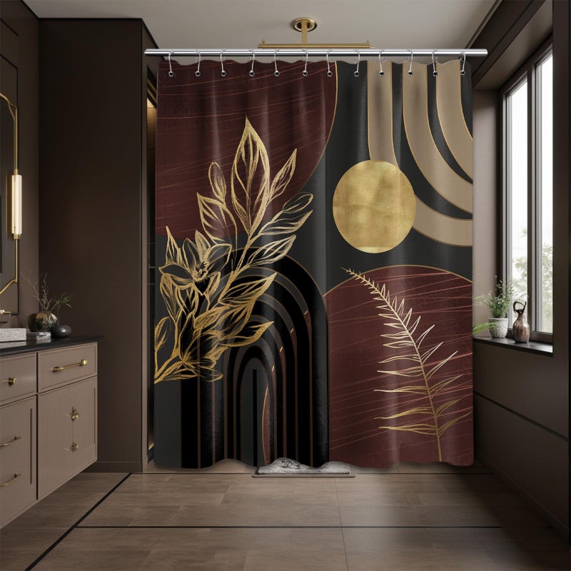 QGHOT Dark Brown and Black Shower Curtain Boho Mid Century Gold and Brown Shower Curtains for Bathroom Decor, Waterproof Cloth Fabric with Hooks, 70" W x 72" L - Image 2