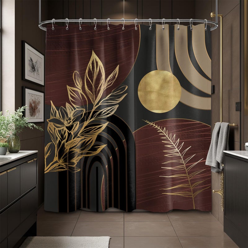 QGHOT Dark Brown and Black Shower Curtain Boho Mid Century Gold and Brown Shower Curtains for Bathroom Decor, Waterproof Cloth Fabric with Hooks, 70" W x 72" L - Image 1