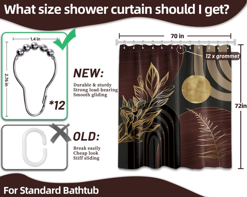 QGHOT Dark Brown and Black Shower Curtain Boho Mid Century Gold and Brown Shower Curtains for Bathroom Decor, Waterproof Cloth Fabric with Hooks, 70" W x 72" L - Image 4