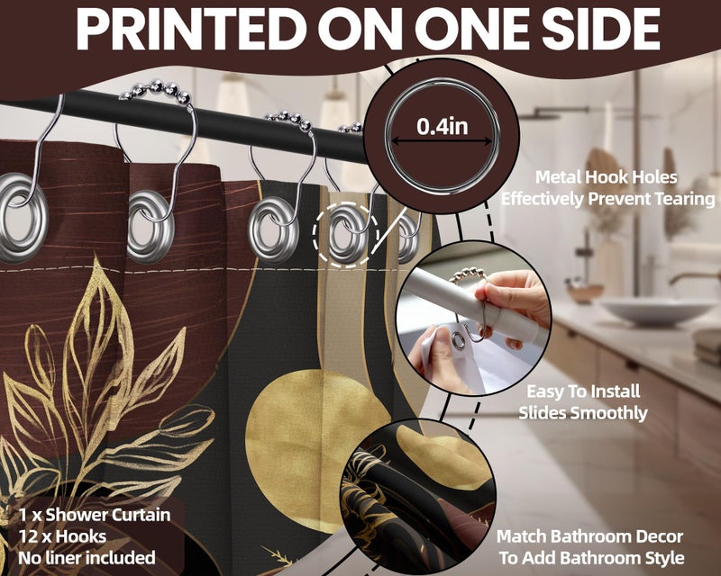 QGHOT Dark Brown and Black Shower Curtain Boho Mid Century Gold and Brown Shower Curtains for Bathroom Decor, Waterproof Cloth Fabric with Hooks, 70" W x 72" L - Image 5
