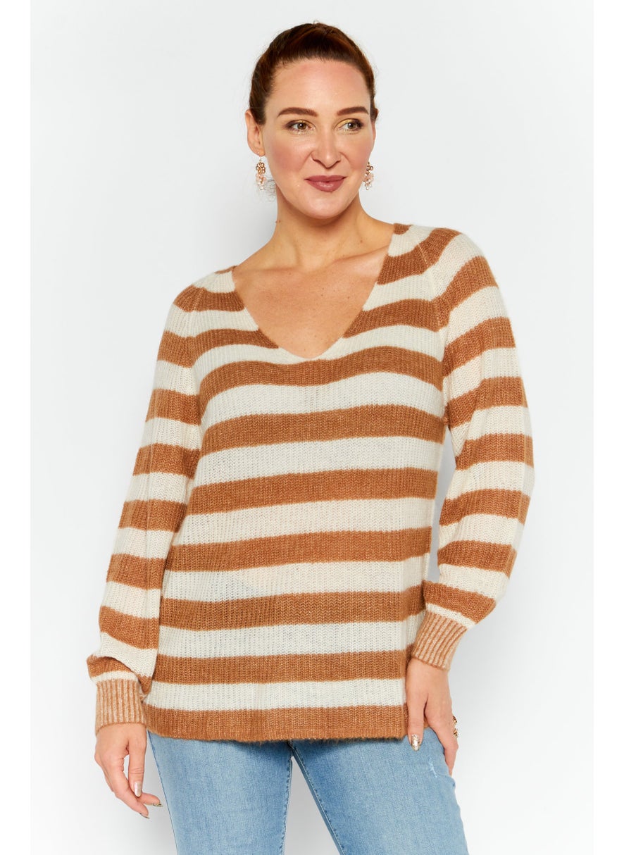 ESPRIT Women V Neck Striped Knitted Sweater, Brown  - Image 1