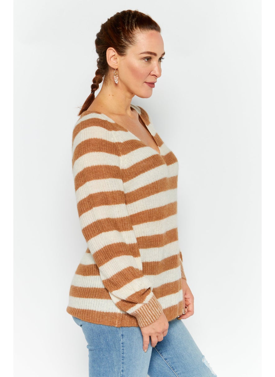 ESPRIT Women V Neck Striped Knitted Sweater, Brown  - Image 3