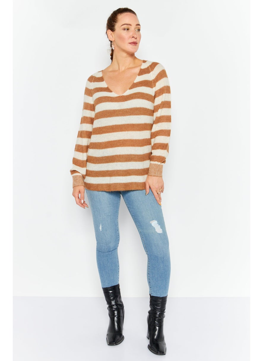 ESPRIT Women V Neck Striped Knitted Sweater, Brown  - Image 2