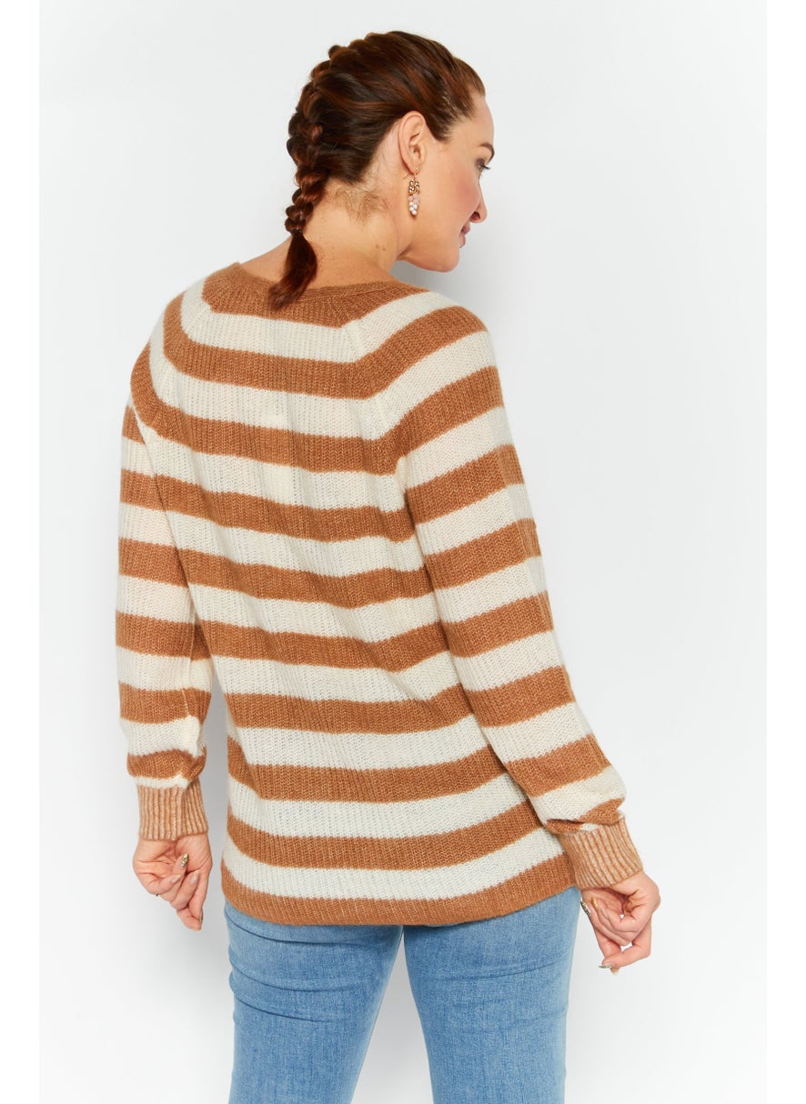 ESPRIT Women V Neck Striped Knitted Sweater, Brown  - Image 4