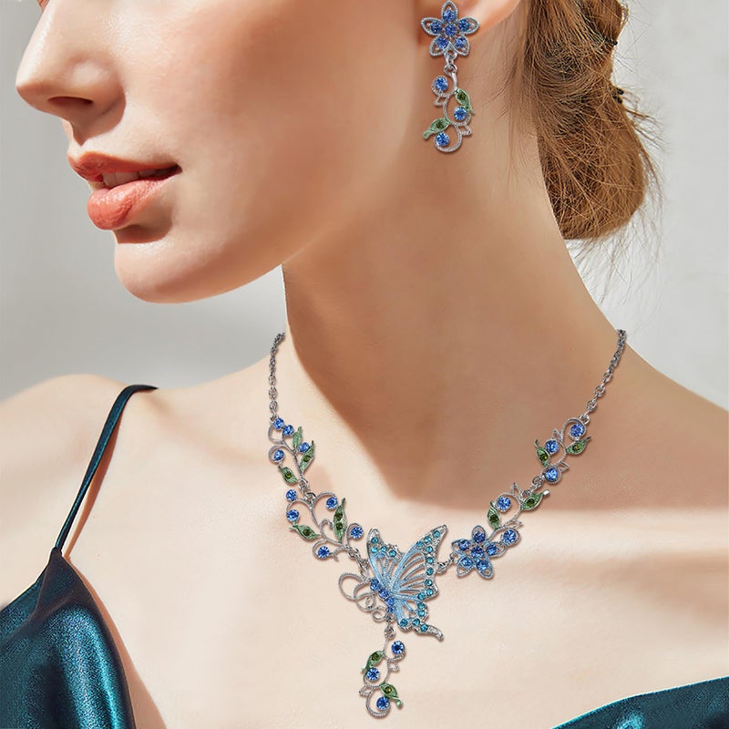 EleQueen Women's Austrian Crystal Butterfly Flower Leaf Necklace Earrings Set Blue - Image 4