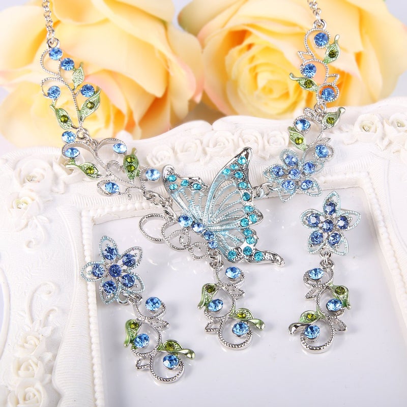 EleQueen Women's Austrian Crystal Butterfly Flower Leaf Necklace Earrings Set Blue - Image 5
