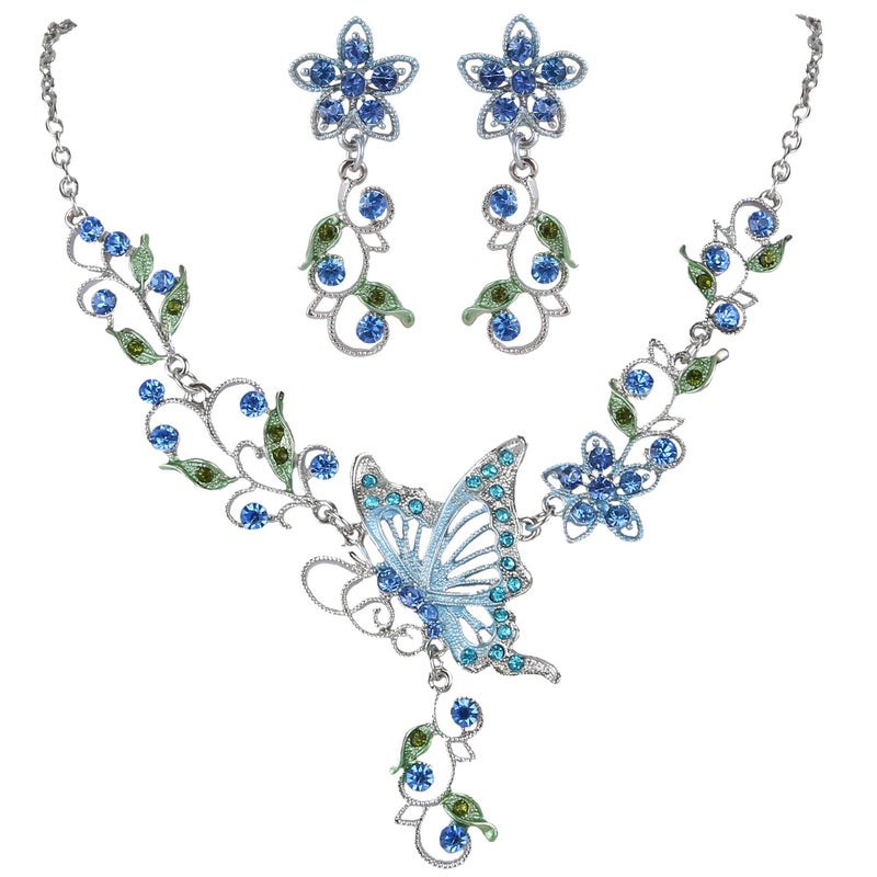 EleQueen Women's Austrian Crystal Butterfly Flower Leaf Necklace Earrings Set Blue - Image 1