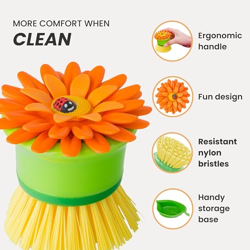 Vigar Flower Palm Dish Scrub Brush with Holder, Perfect Kitchen Brushes for Dishes, Sink Brush and Cleaning Brushes for Household Use, Orange, Green - Image 5