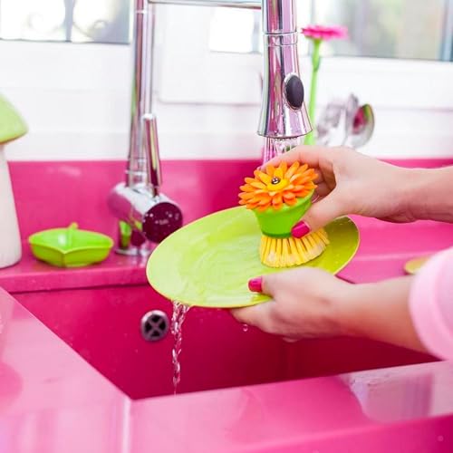 Vigar Flower Palm Dish Scrub Brush with Holder, Perfect Kitchen Brushes for Dishes, Sink Brush and Cleaning Brushes for Household Use, Orange, Green - Image 2